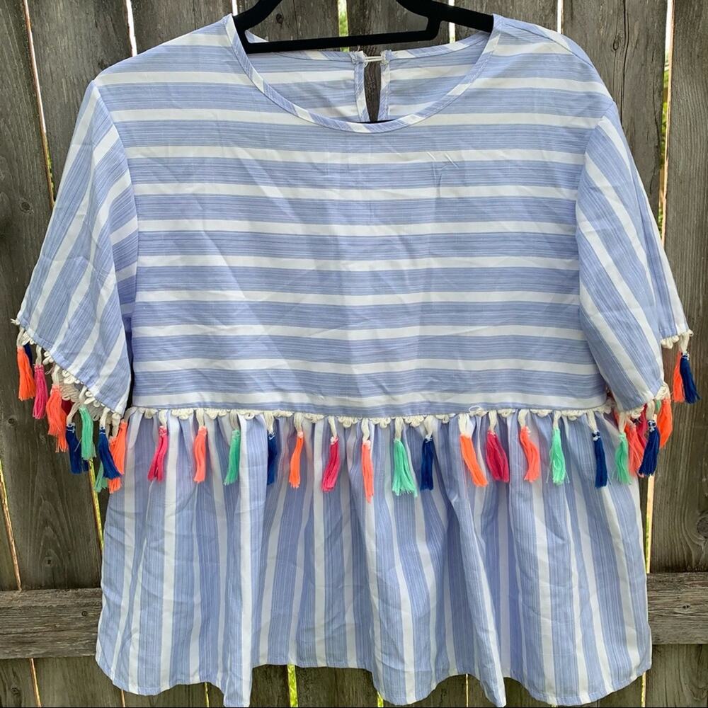 SHEIN Striped Blue & White Colorful Unique Tassel Trim Peplum Blouse Small